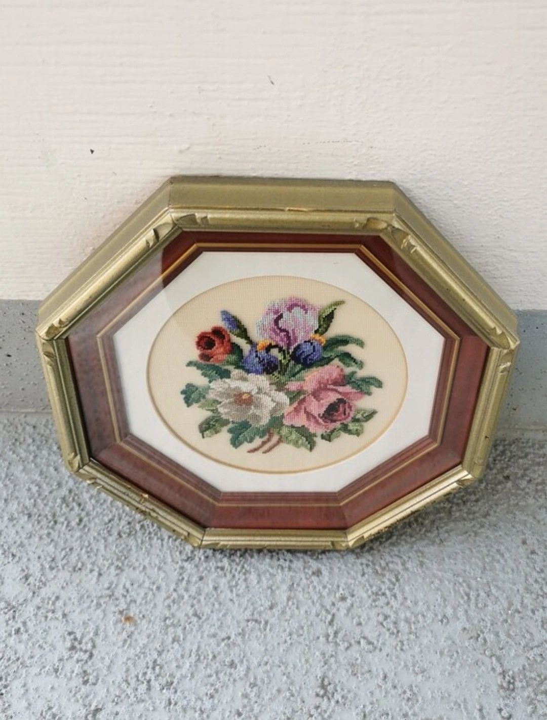 Vintage Framed Floral Cross Stitch Wall Art Decor Needlepoint - photo 2
