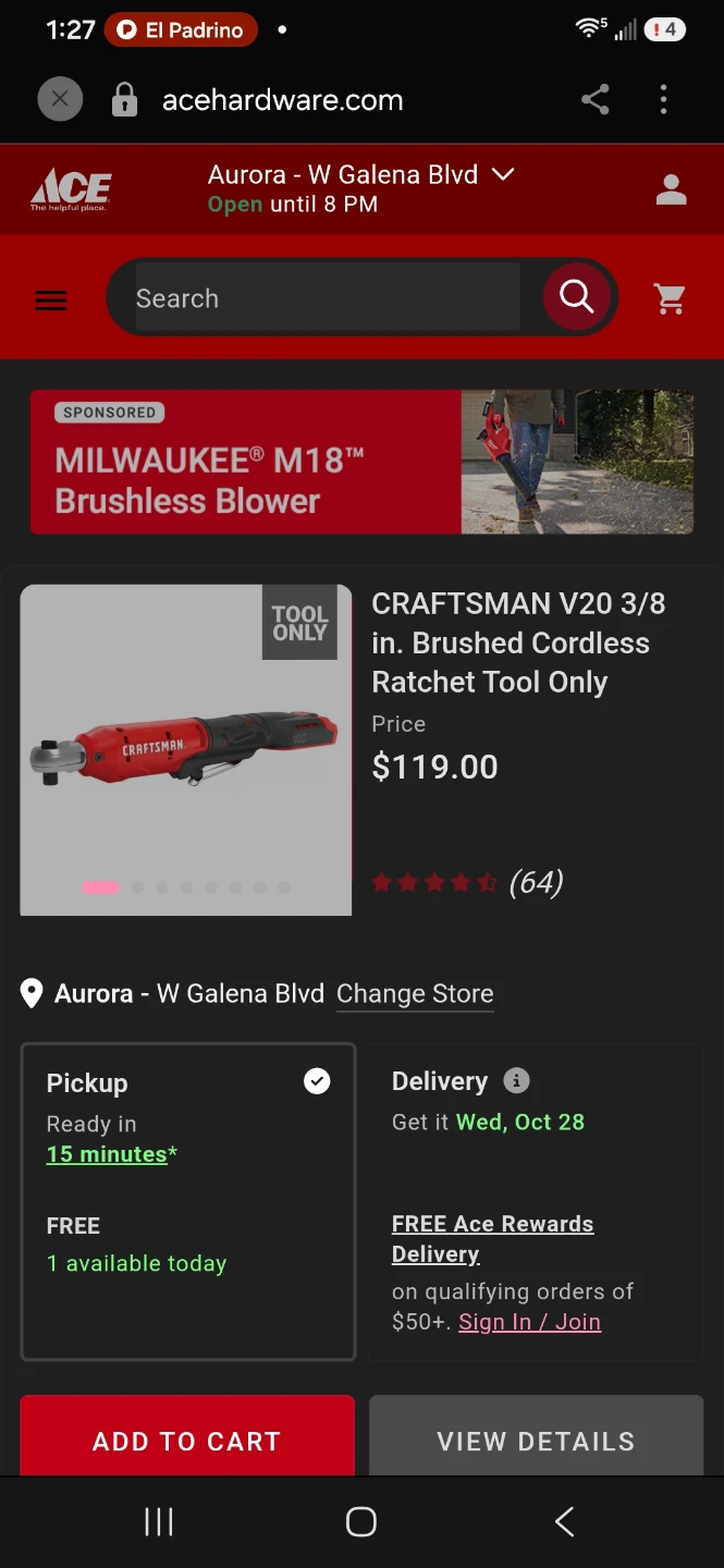 Craftsman V20 3/8 in. Cordless Ratchet - Tool Only