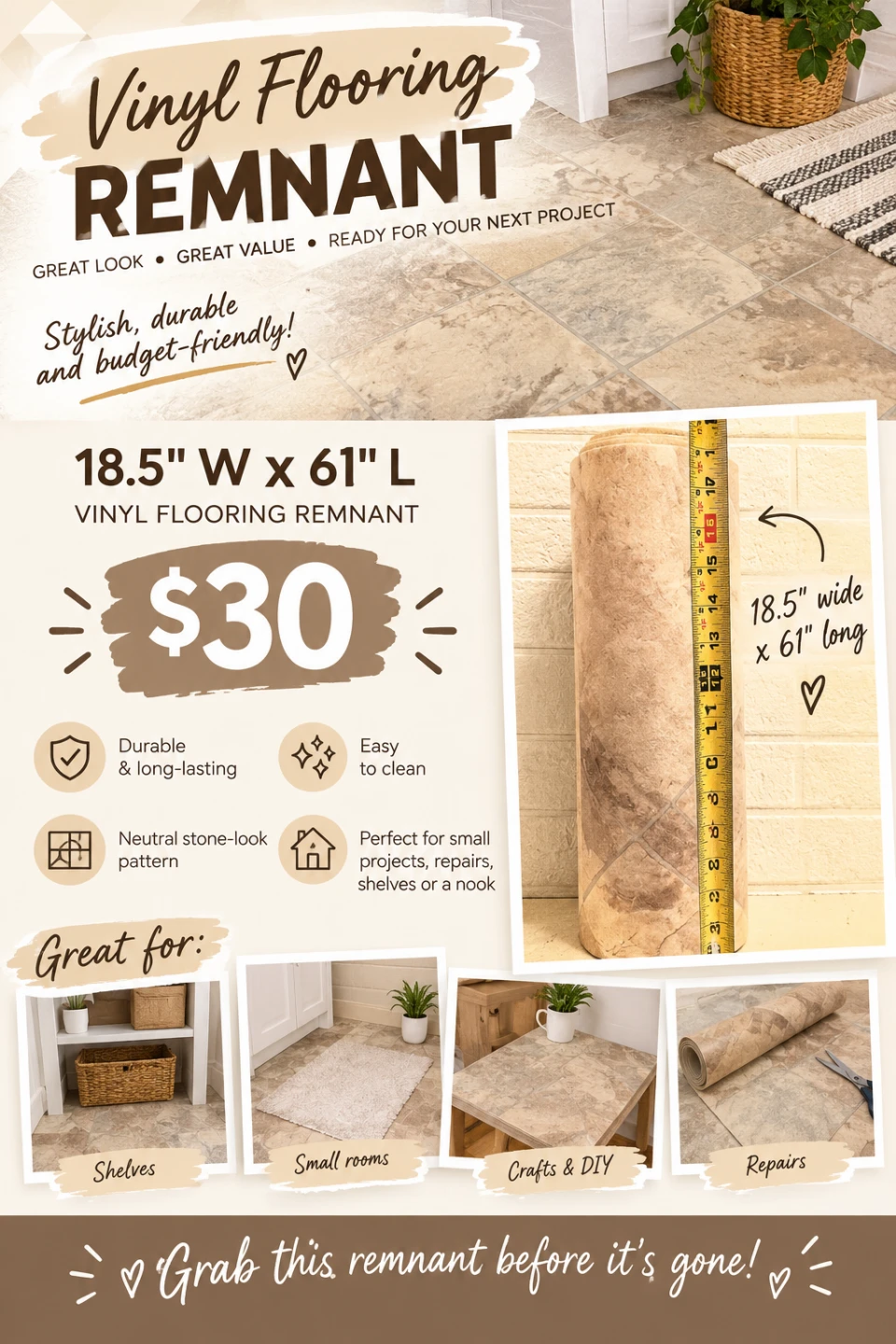 🛠Vinyl Flooring Remnant 61" x 18.5"🛠
