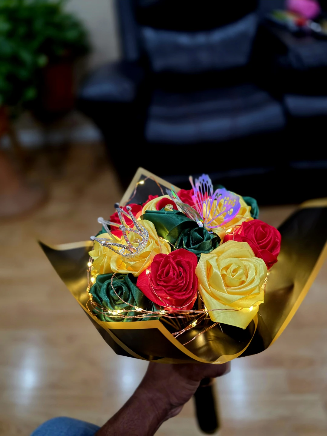 Artificial Ribbon Rose Bouquet with Lights