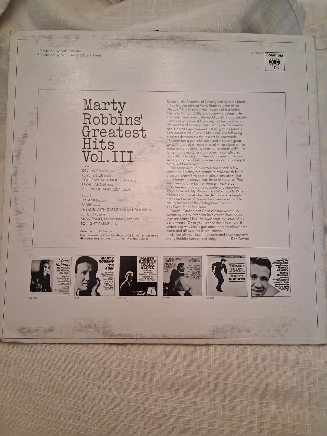Marty Robbins' Greatest Hits Vol. III Vinyl LP - photo 2