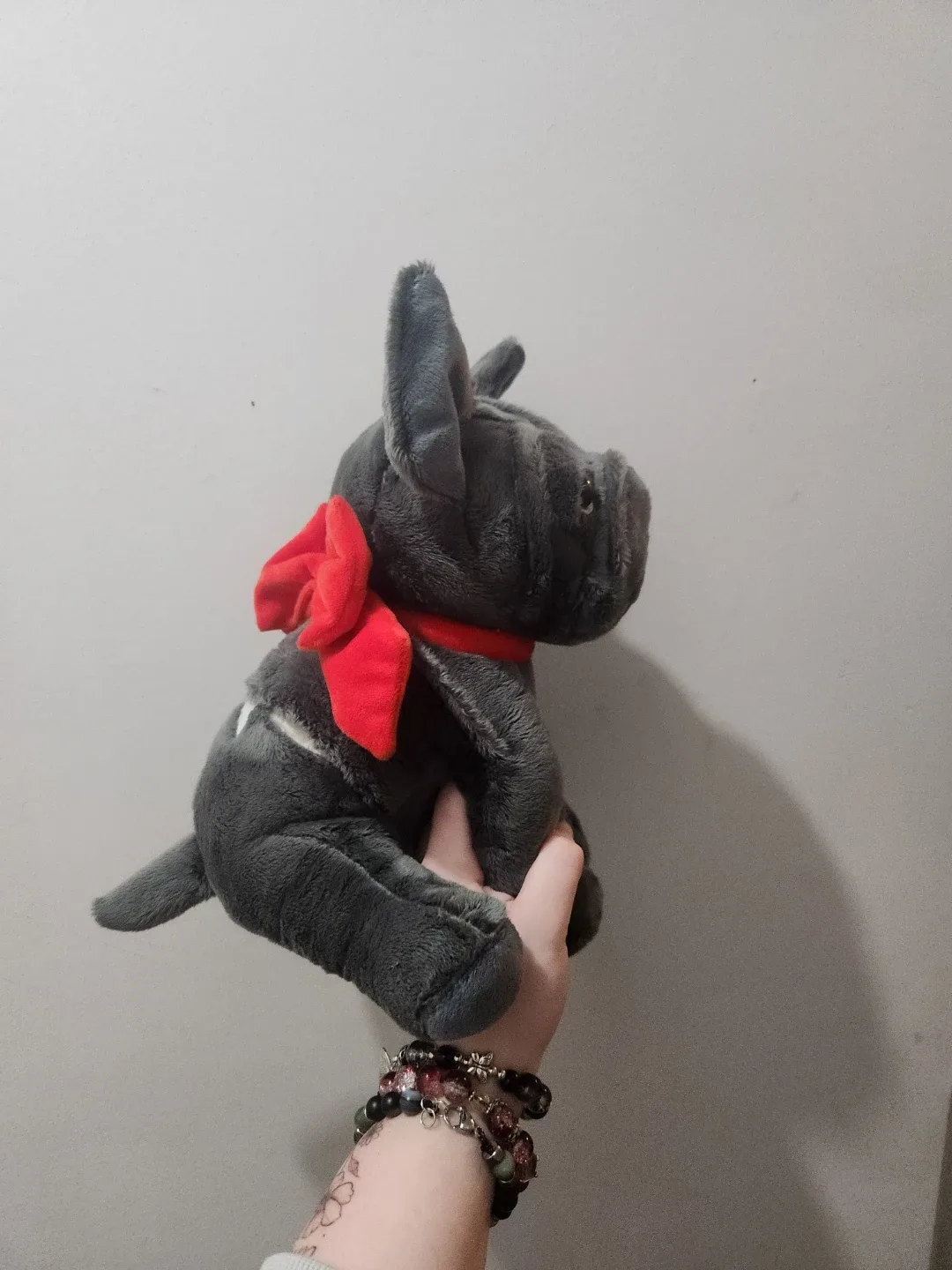 plush grey dog with red bow heating stuffie - photo 2