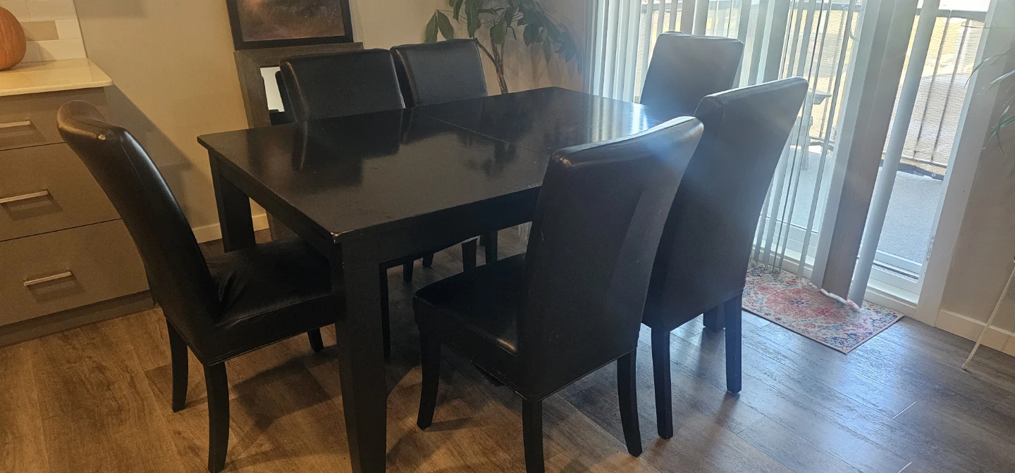 Solid Wood Black Dining Table With Leaf and Six Chairs