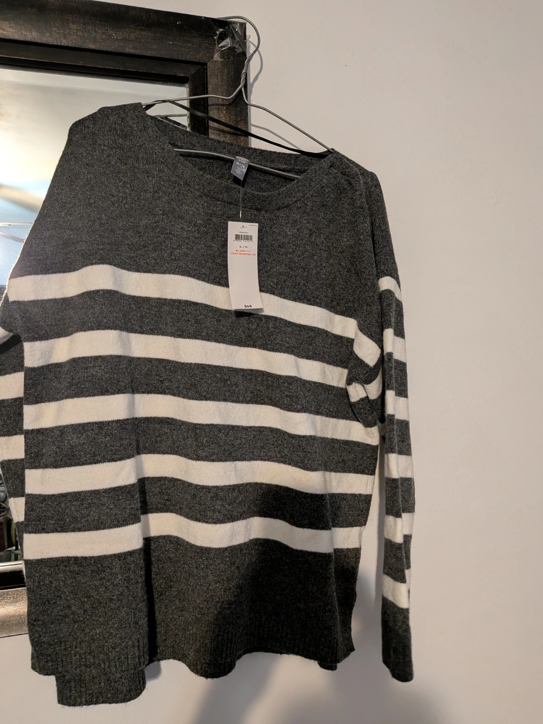 Relaxed Fit Striped Sweater - Grey and White - Size XL