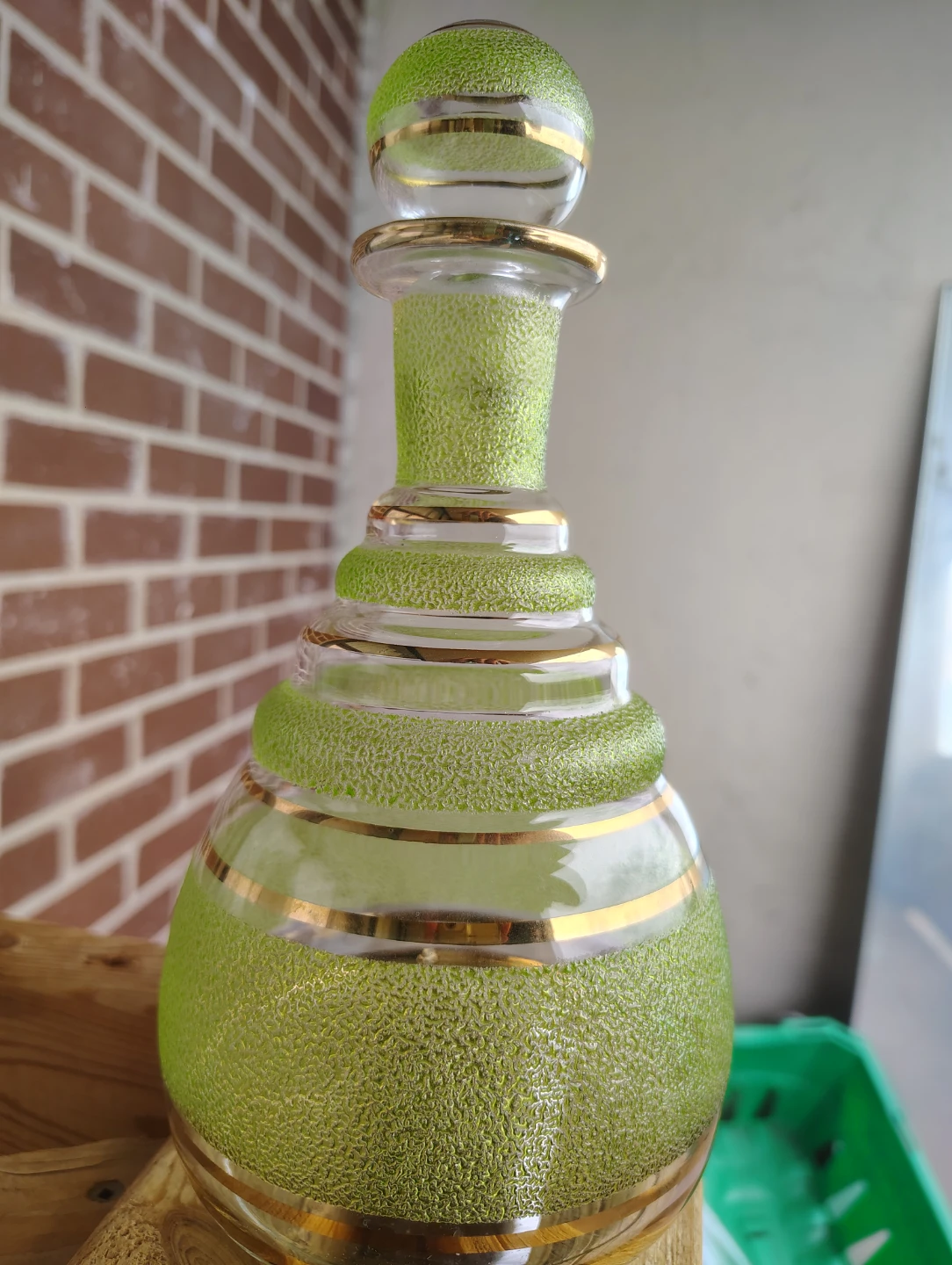 Vintage Lime Green and Gold Glass Decanter - photo 5