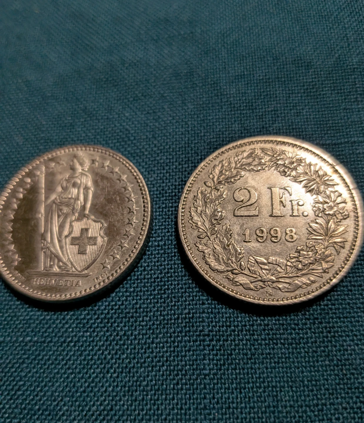 Set of two, 2 Swiss Franc (CHF) Coins :1998 and 2011 / $5