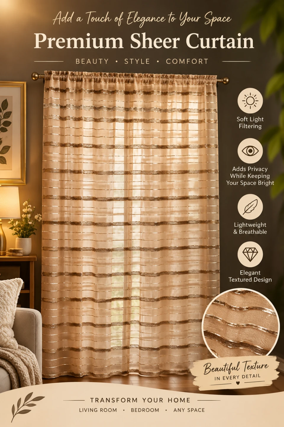 🪟Premium Semi Sheer Curtain 2 Layer - 57" Wide x 83" Long🪟