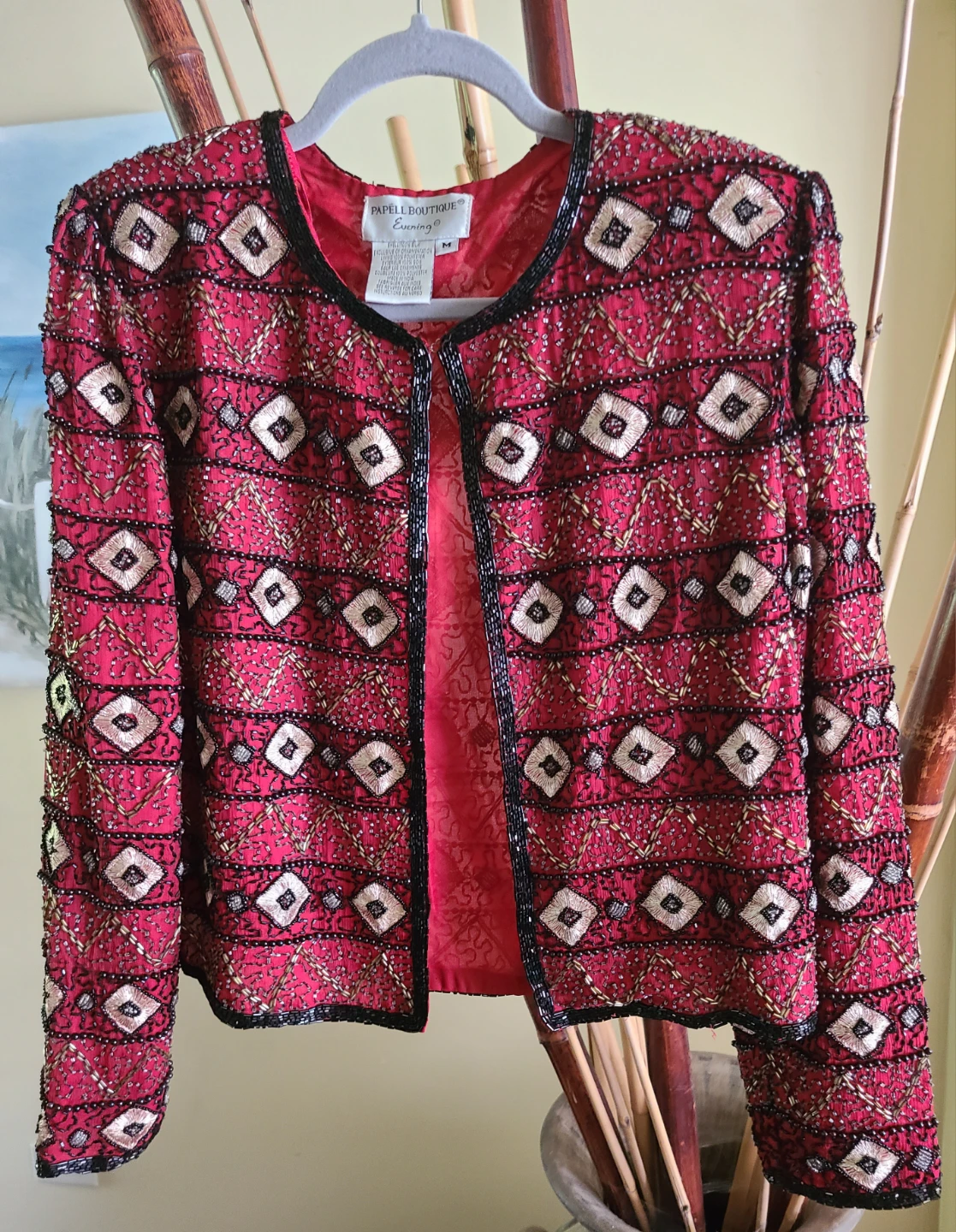 Papell Boutique Red Silk Beaded Evening Jacket
