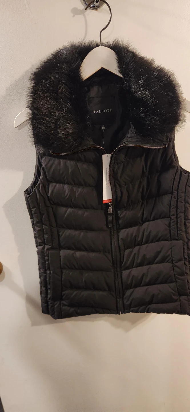 Talbots Black Down Vest with Faux Fur Collar