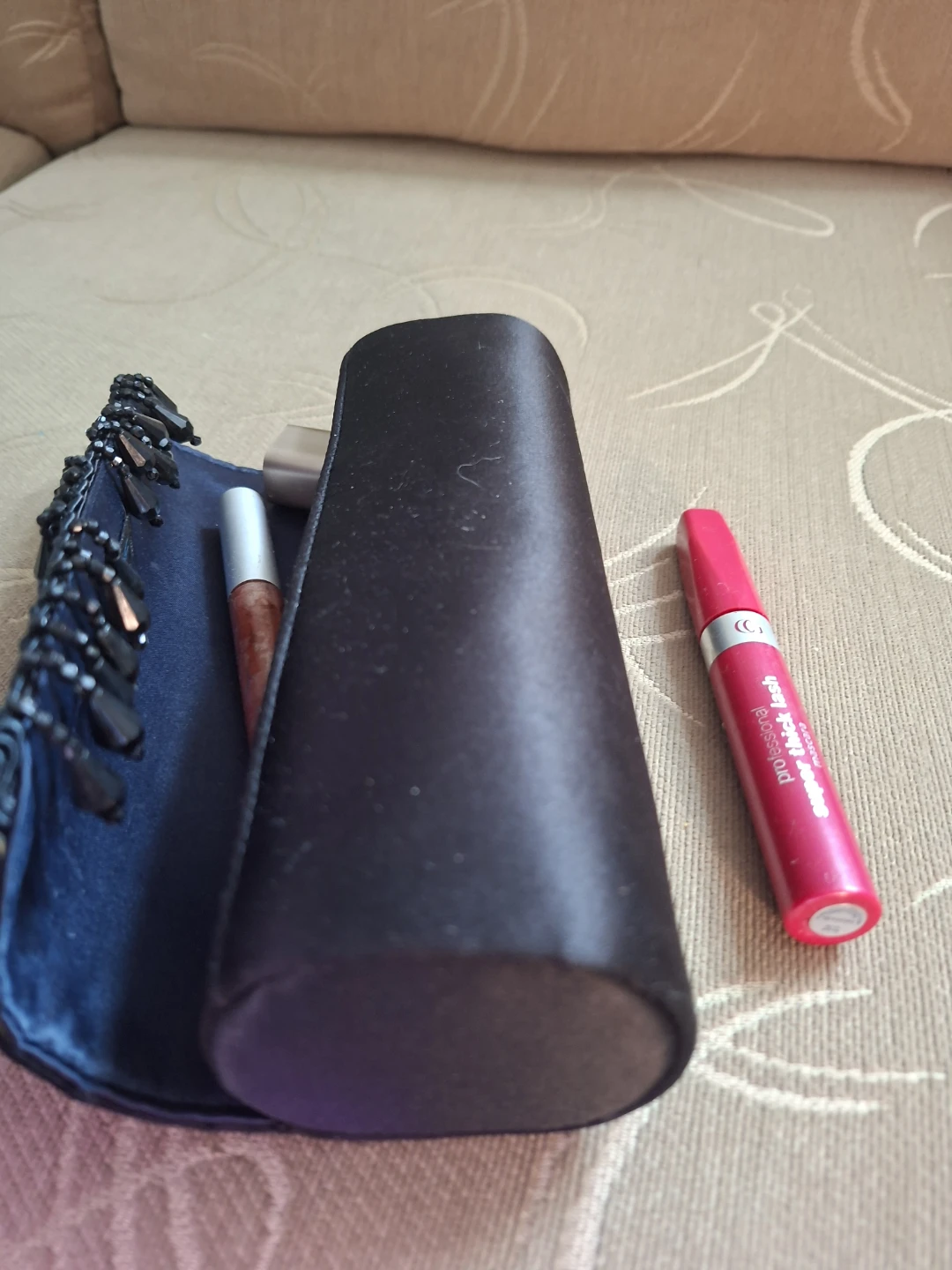 Black satin beaded  cosmetic case
