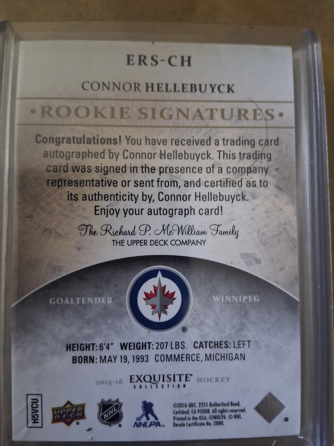 Connor Hellebuyck Exquisite Rookie Signature Card - photo 2