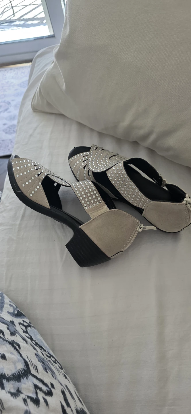 Beige Rhinestone Peep-Toe Sandals Size 37