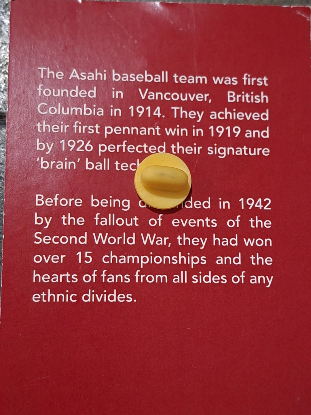 Vancouver Asahi Baseball Team Commemorative Enamel Museum Pin - photo 2