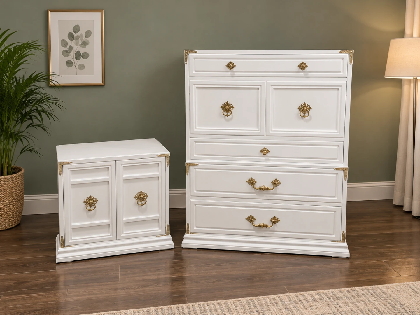 White Dresser with Brass Hardware