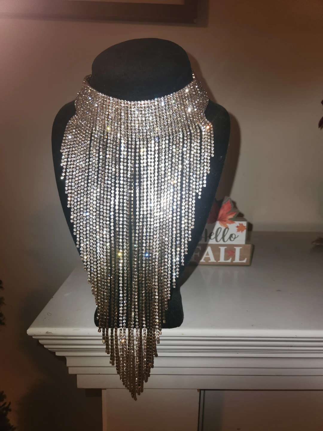 Gold Rhinestone Fringe Statement Necklace