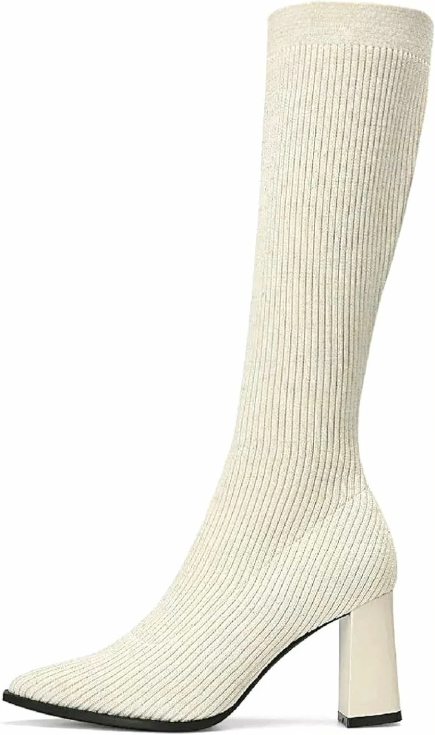 Cream Ribbed Knit Knee-High Heeled Boots - photo 3