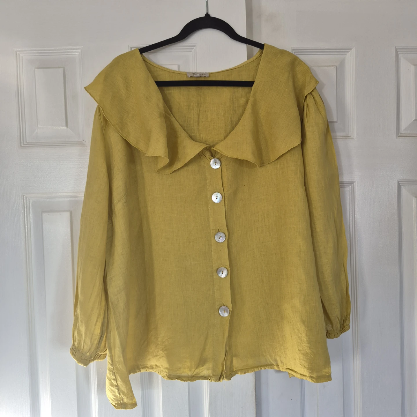 Yellow 100% Linen Ruffle Collar Blouse Bellambra Oversized 2X - photo 2