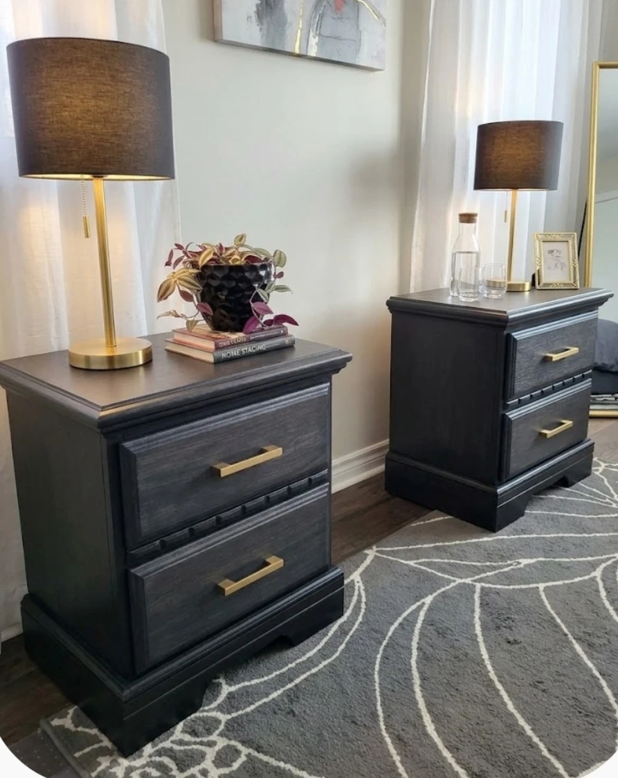 Set of Two Black Nightstands with Gold Handles
