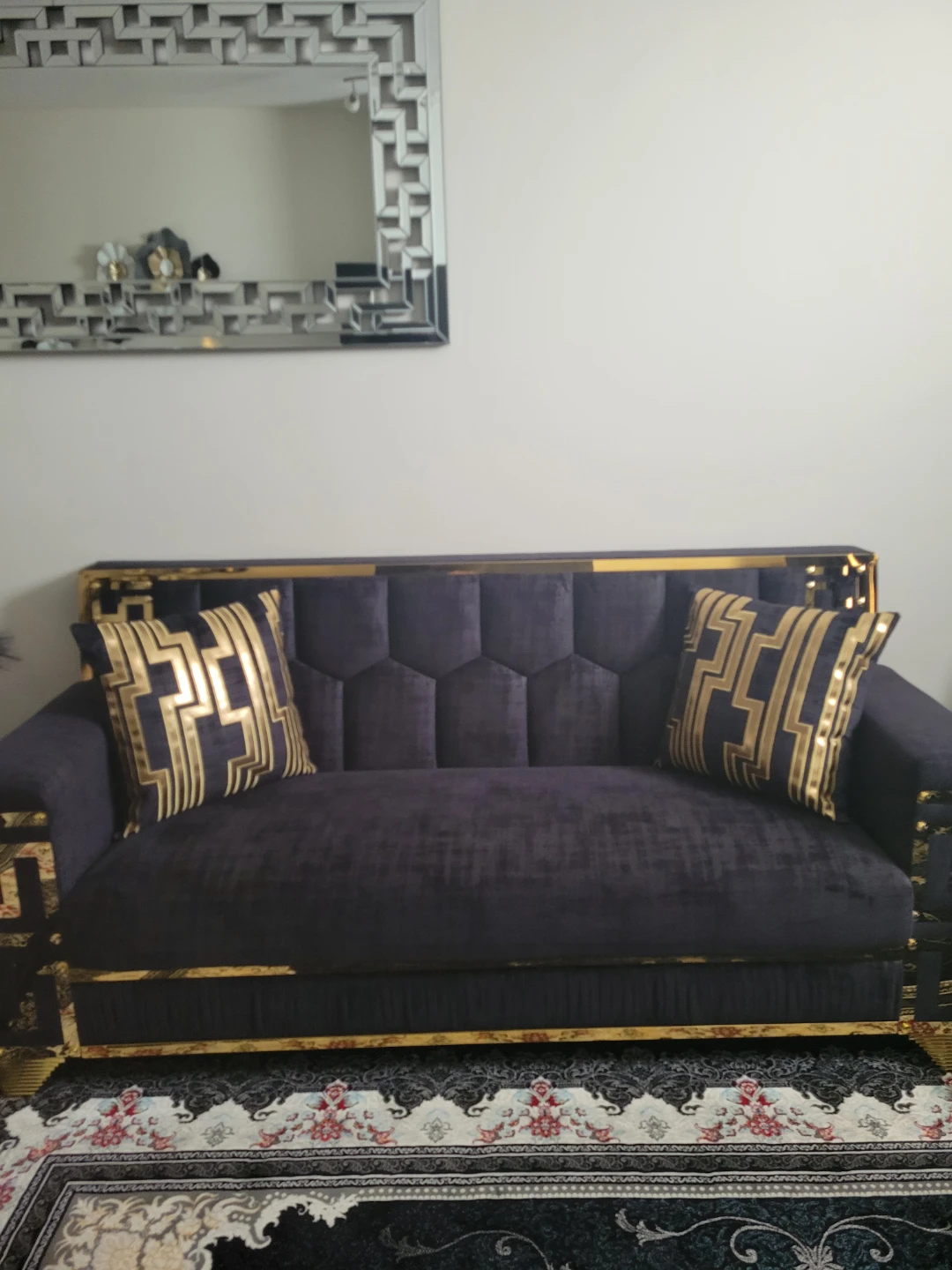 Luxury Black Velvet Loveseat with Gold Accents - photo 2