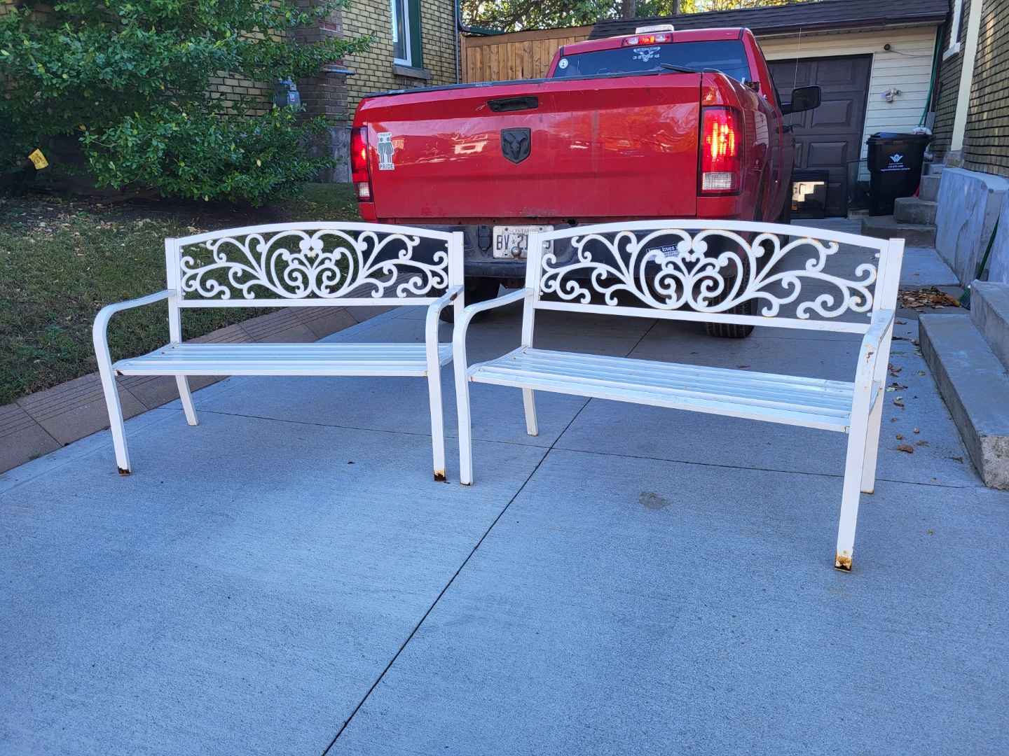 Two White Metal Garden Benches