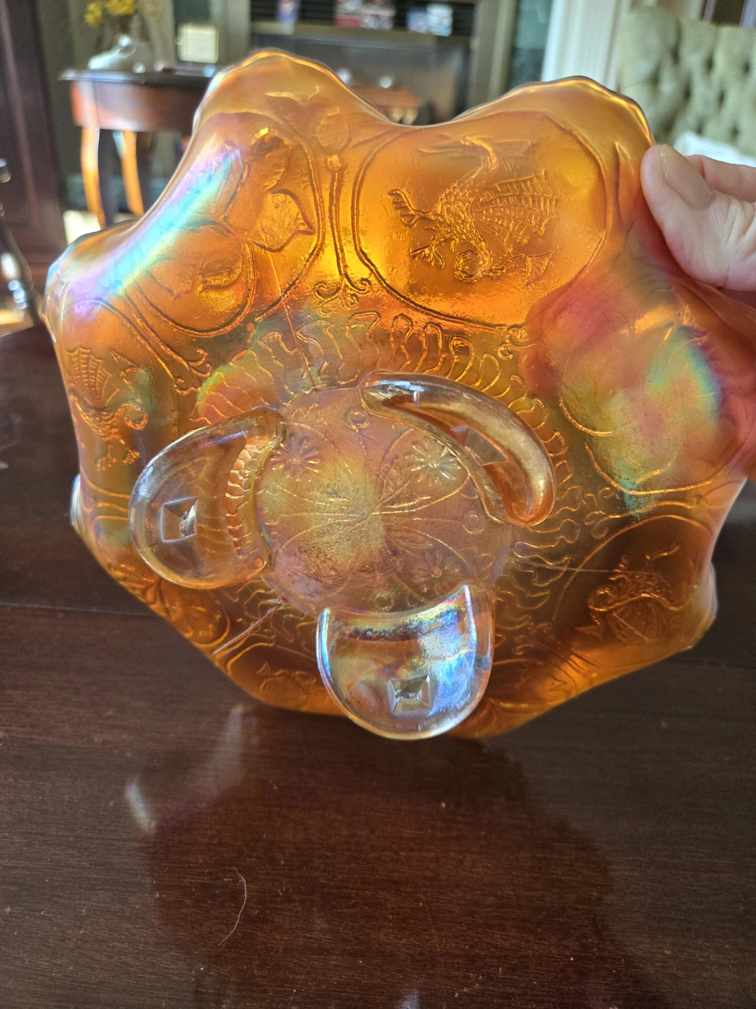 Antique Carnival Glass "Dragon & Lotus" 3-Footed Bowl - photo 4
