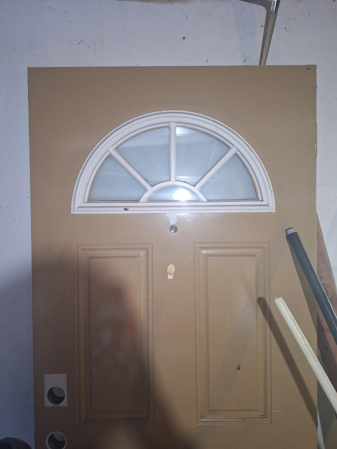 Tan Front Door with Half-Moon Window