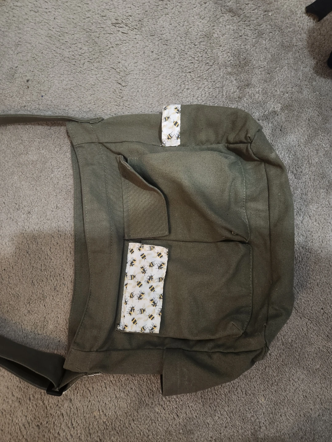 Olive Green Canvas Messenger Bag with Bee Pattern - photo 2