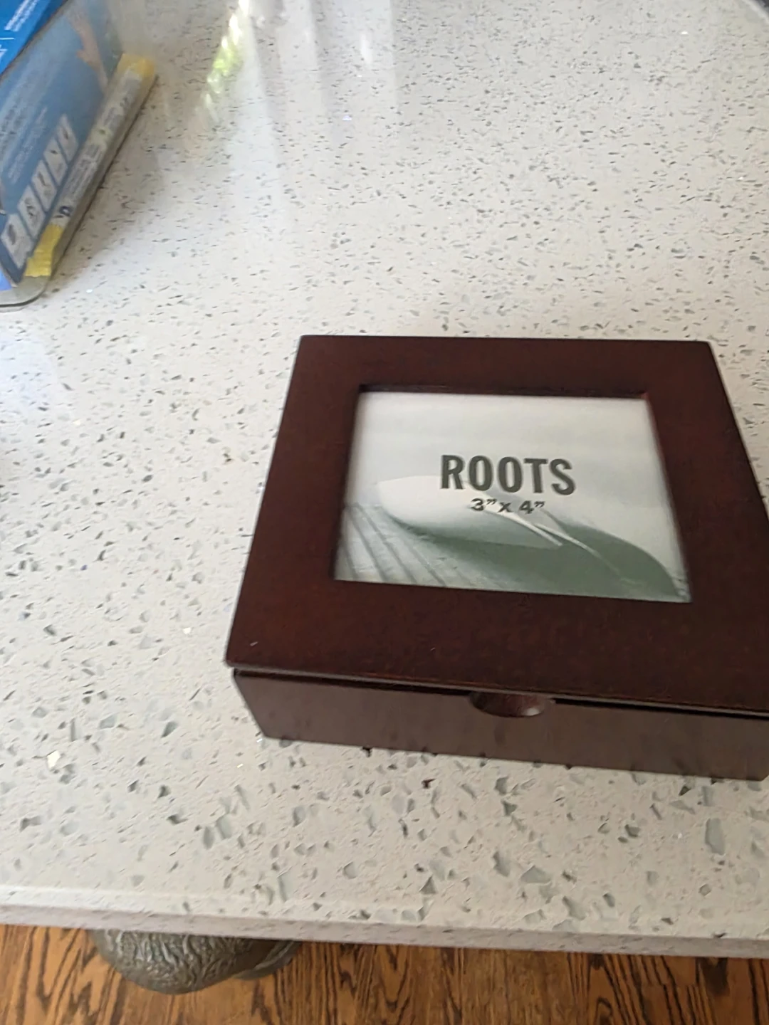 Roots wooden keepsake box with photo frame lid