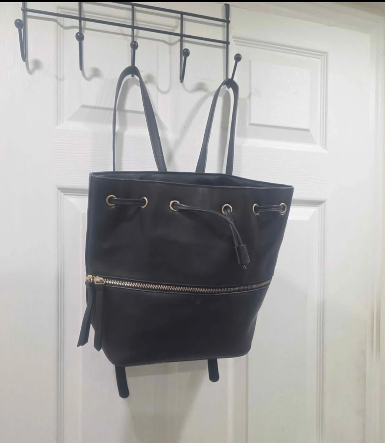 Black Faux Leather Convertible Backpack Purse