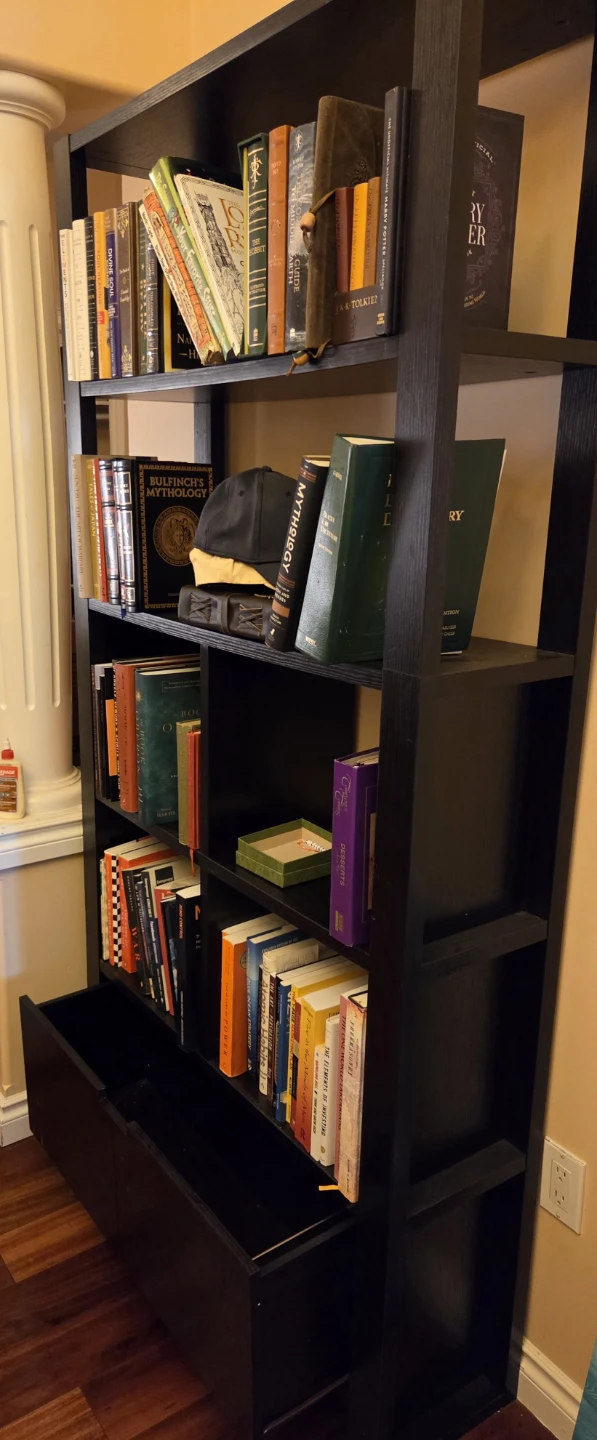 Black wooden bookshelf with storage drawer