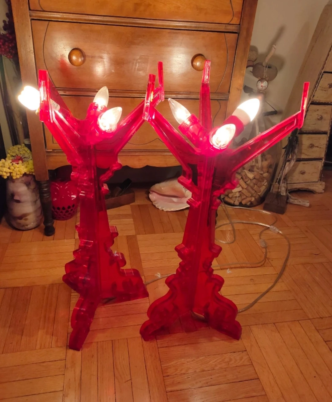 Pair of Red Acrylic Candelabra Lamps