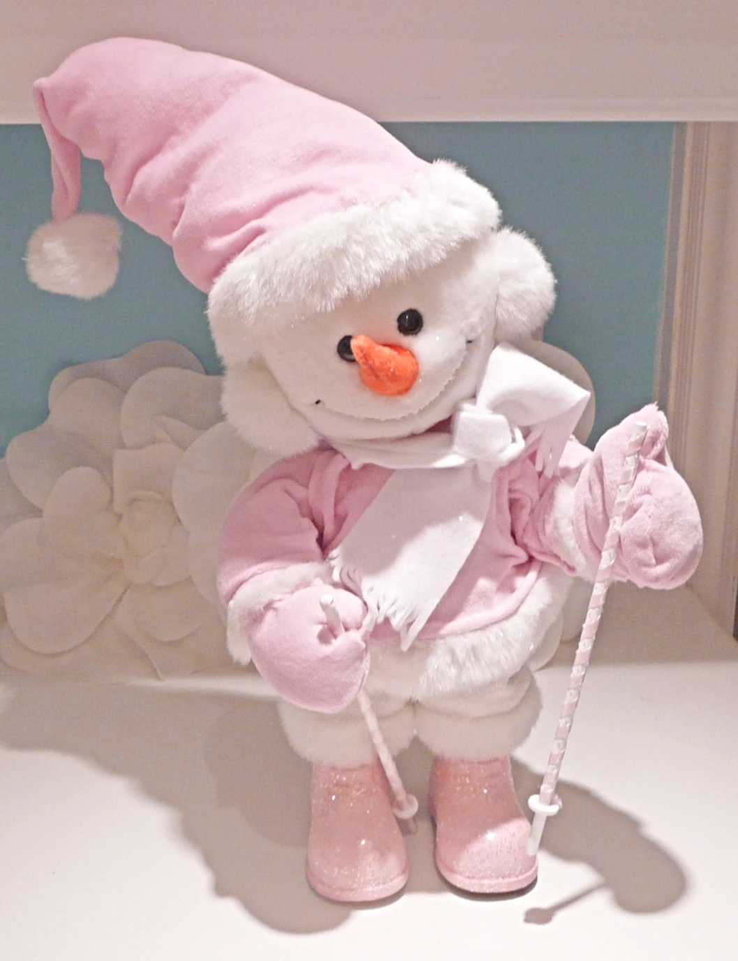 Pink Skiing Snowman Plush Decor