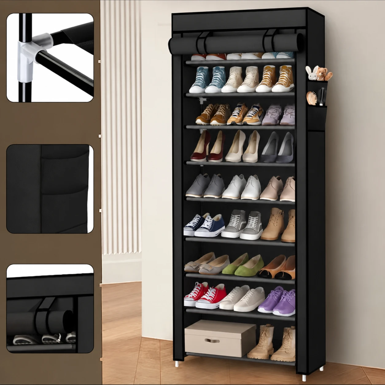 9-Tier Portable Shoe Rack with Fabric Cover