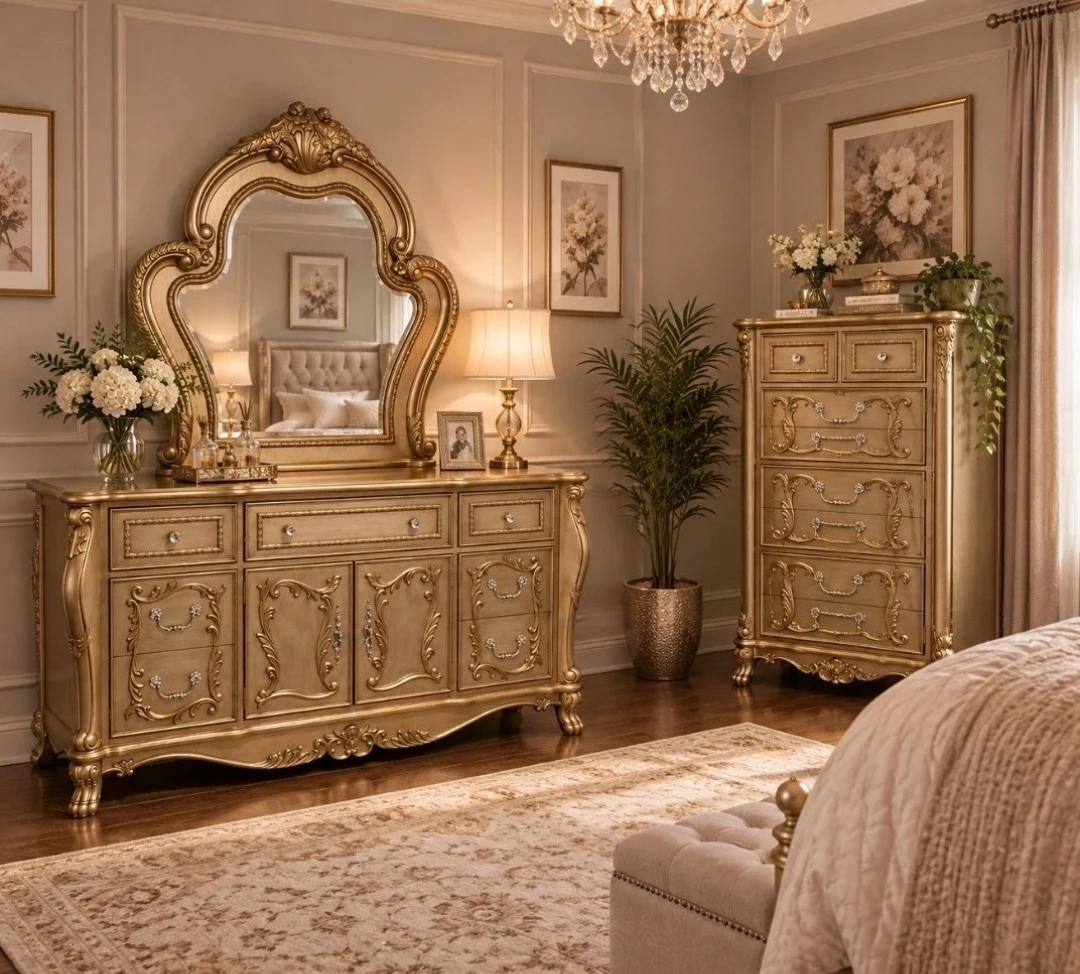 Ornate Gold Bedroom Dresser and Tall Chest