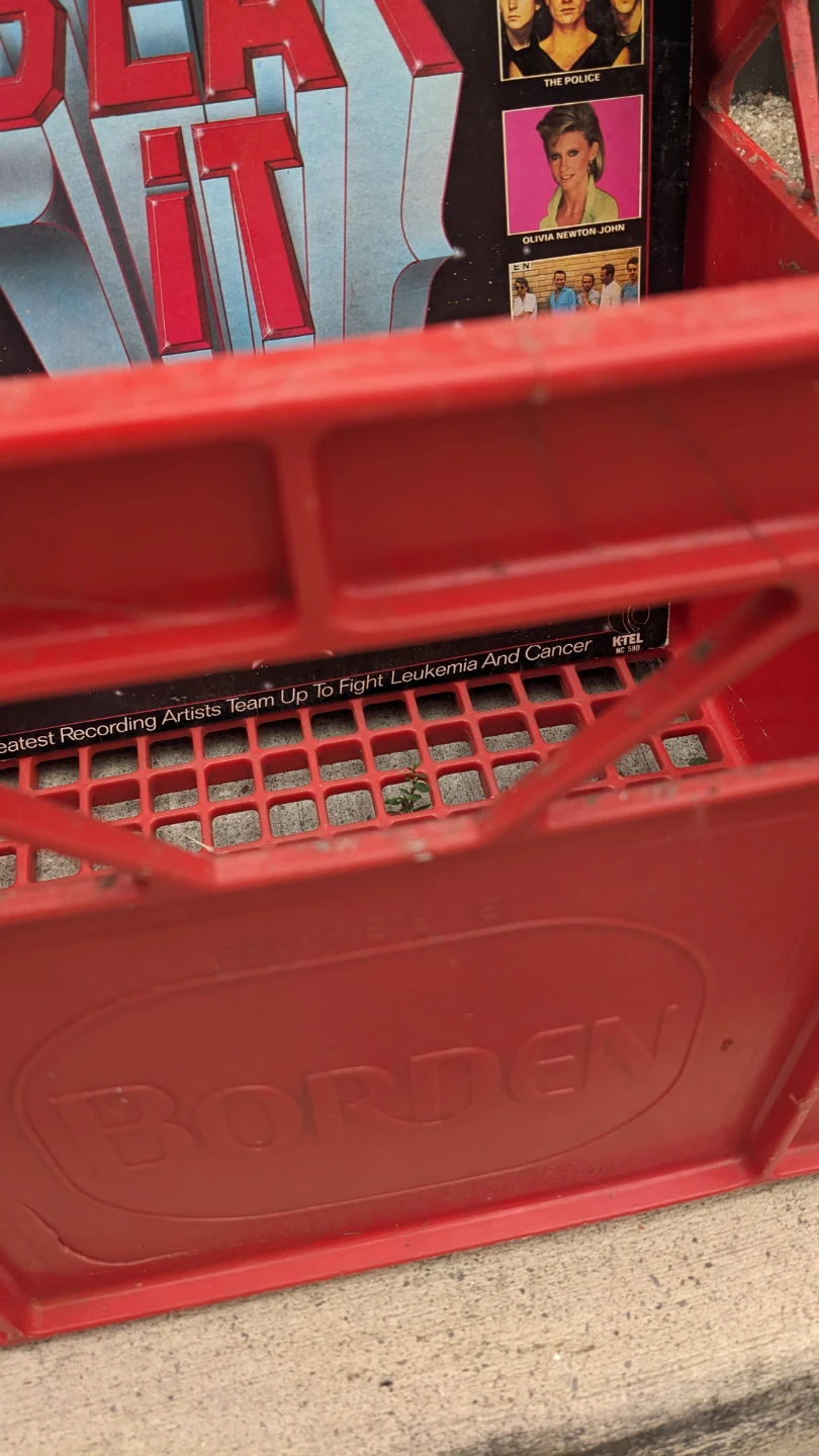 Old crate cracked handle with 12 crappy records - photo 2
