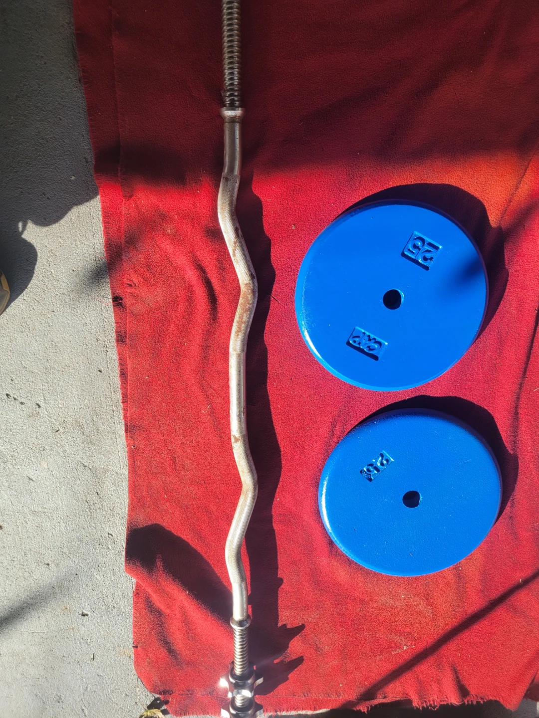 50LBs  1" HOLE.  EZ-CURL BAR 2-25s.
