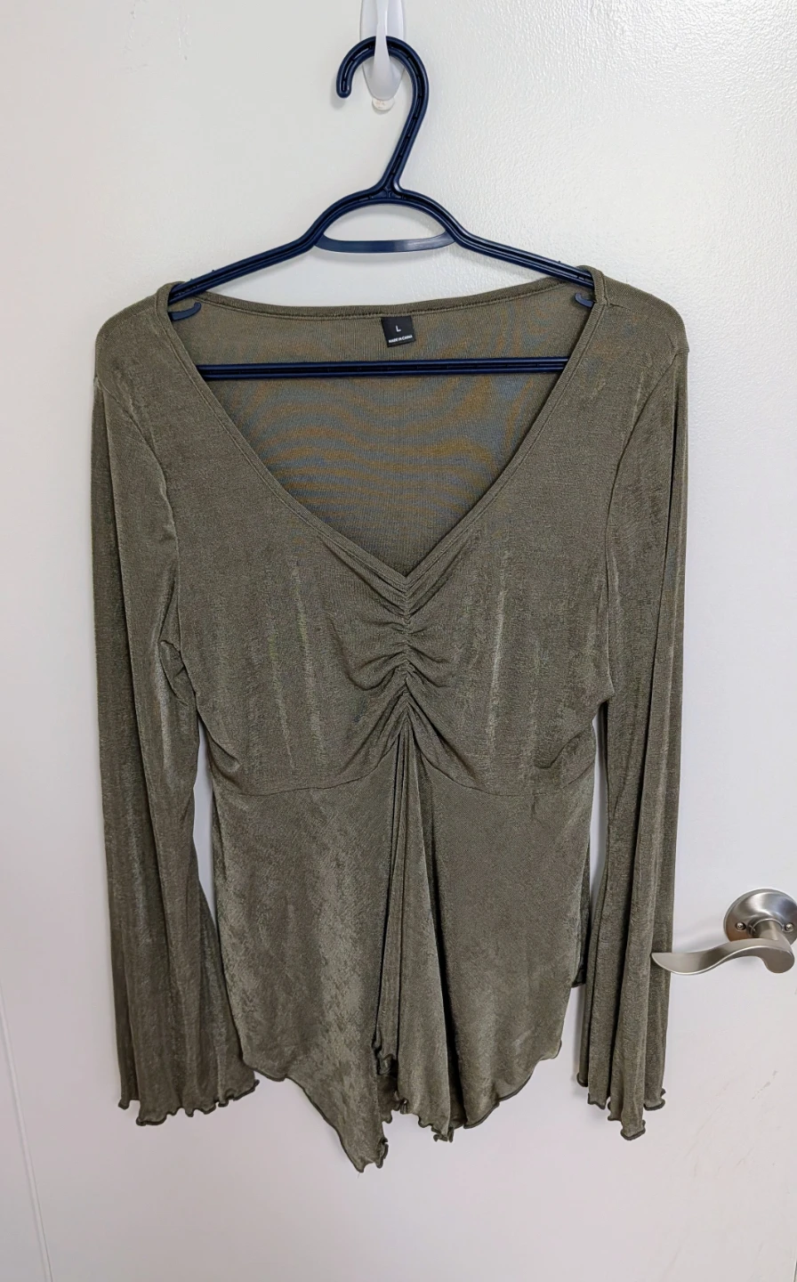 Olive Green Long Sleeve Maternity Ruched Top - Women's Large