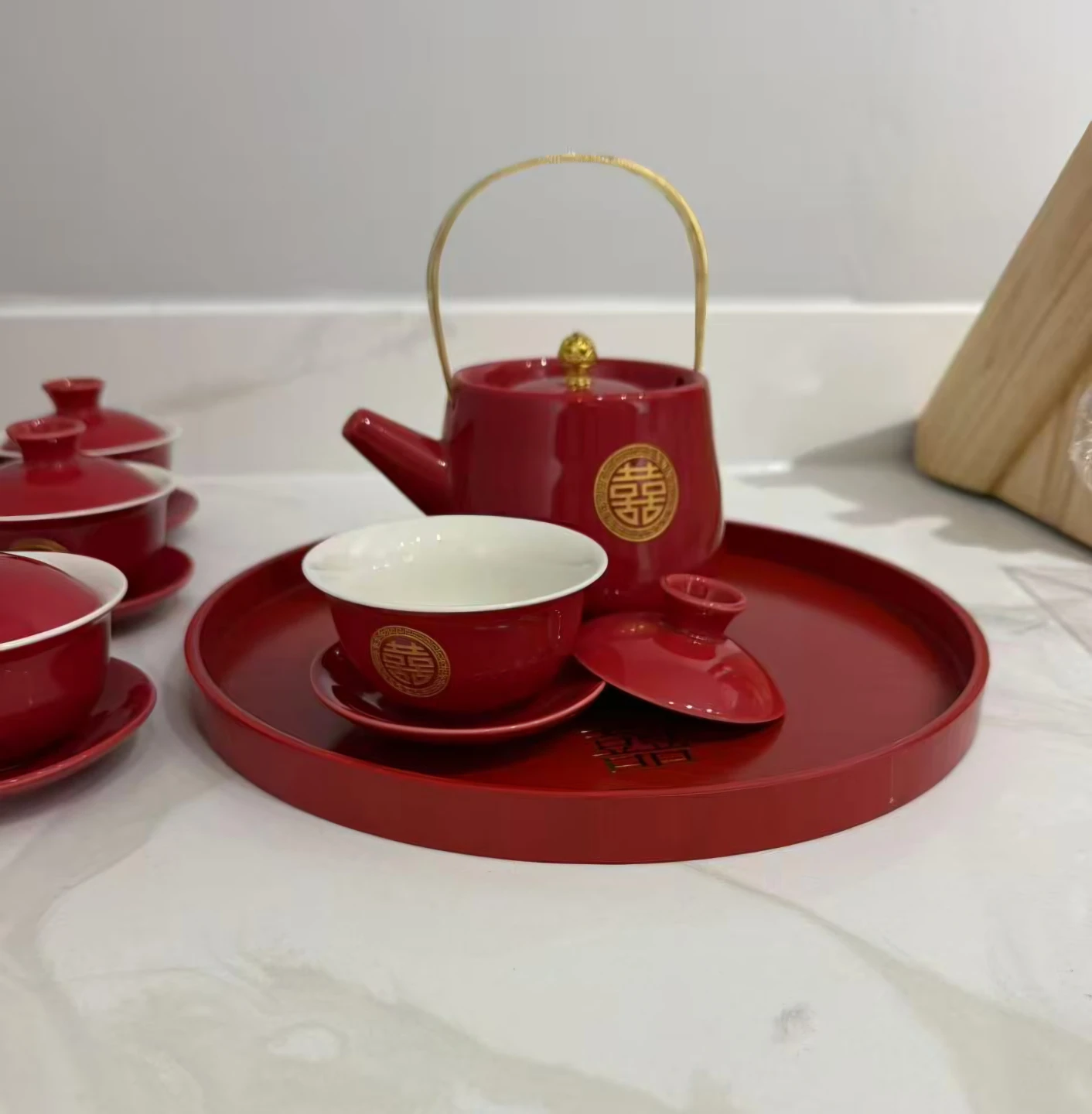 Traditional Chinese Wedding Red Ceramic Tea Set - photo 3