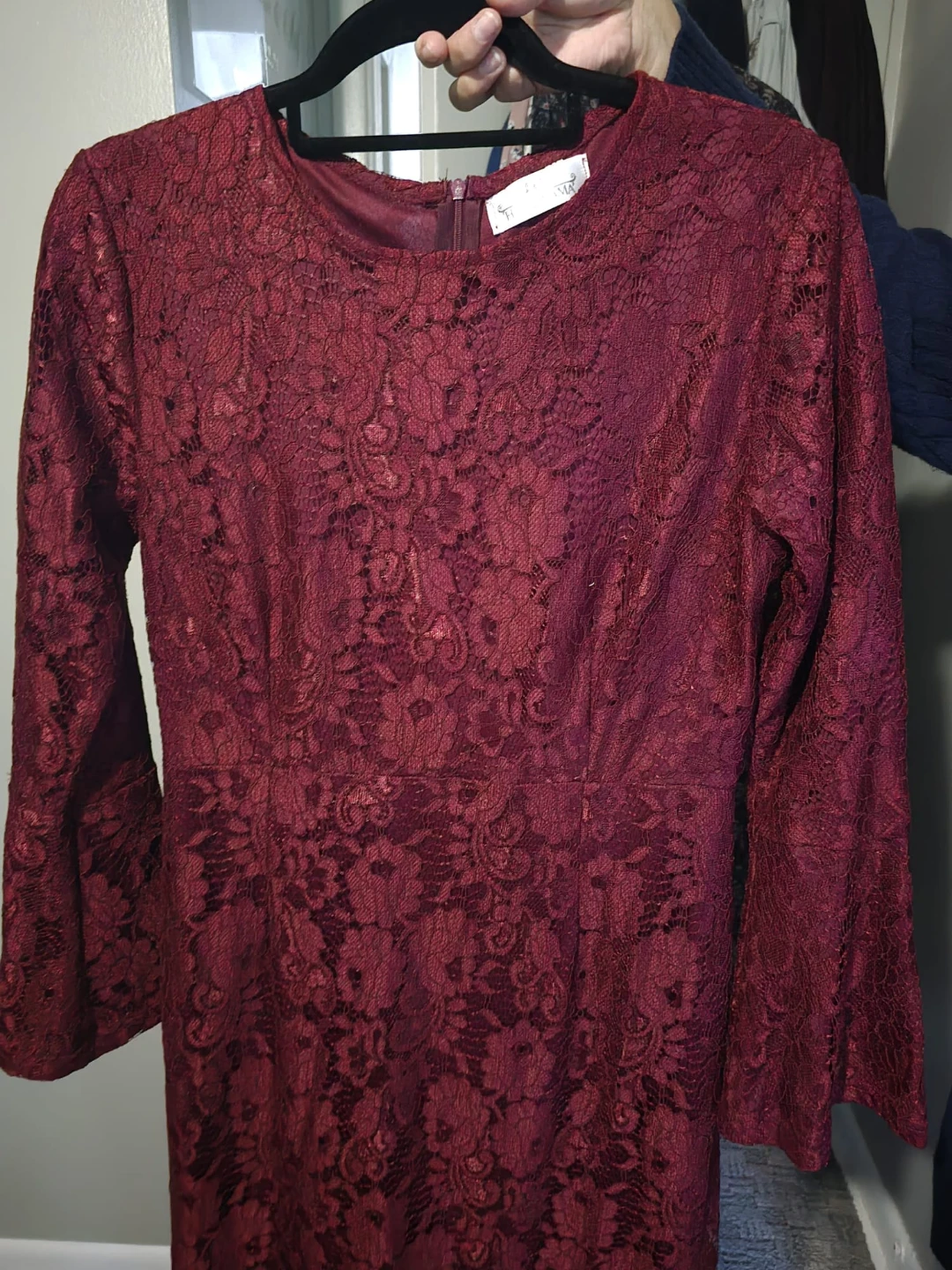 Burgundy Lace Long Sleeve Midi Woman Dress - photo 2