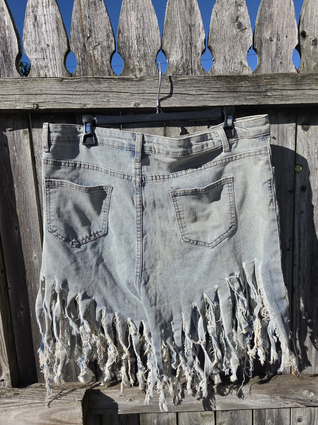 Light Wash Distressed Fringed Denim Skirt - photo 2
