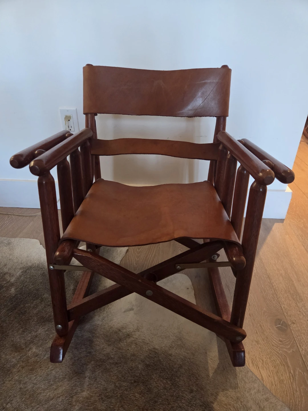 Vintage Wooden Leather Folding Rocking Chair - photo 3