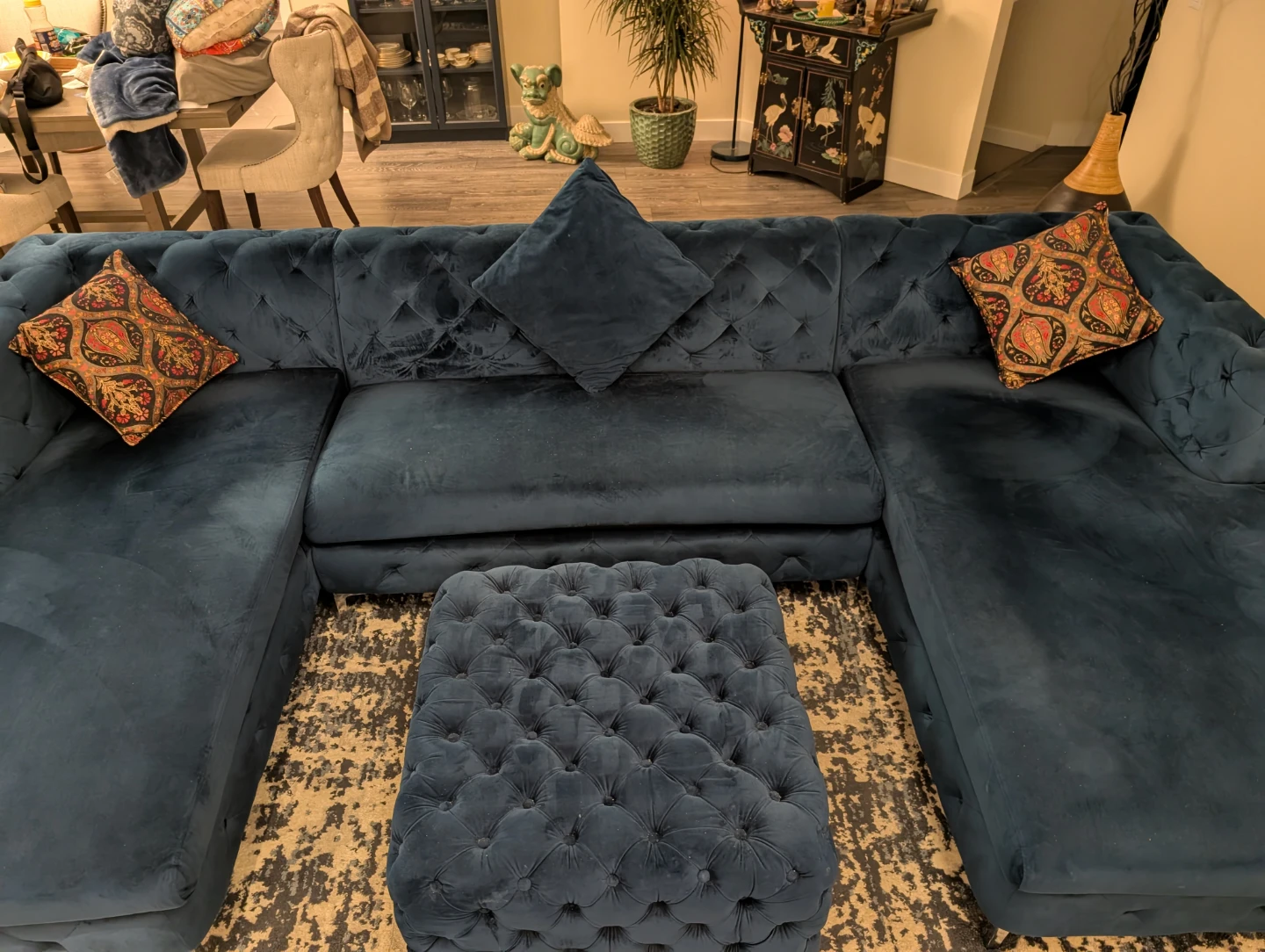 Navy Blue Velvet Sectional Sofa with Matching Ottoman