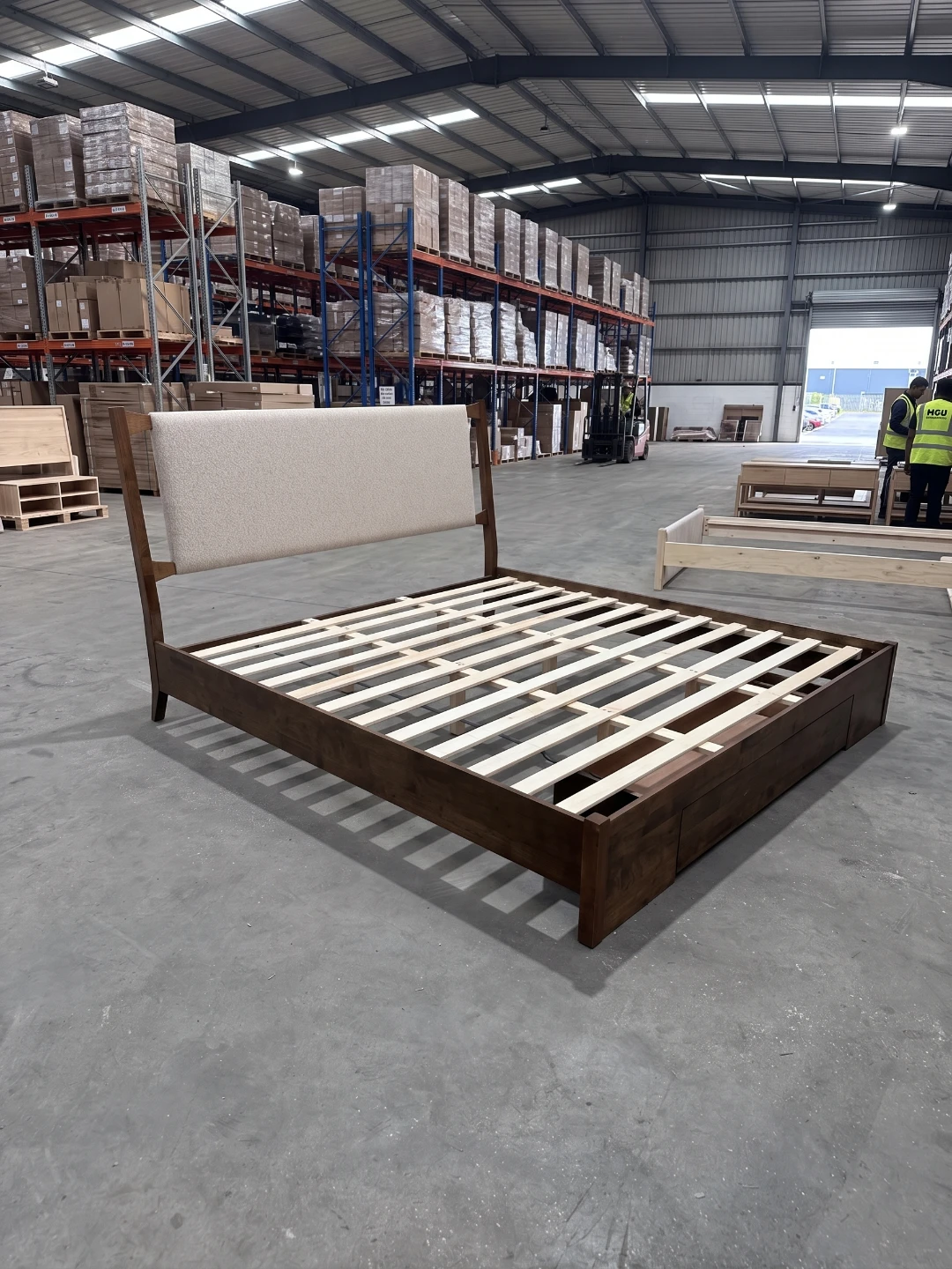 Malaysian Wooden Queen Storage Bed with Upholstered Headboard