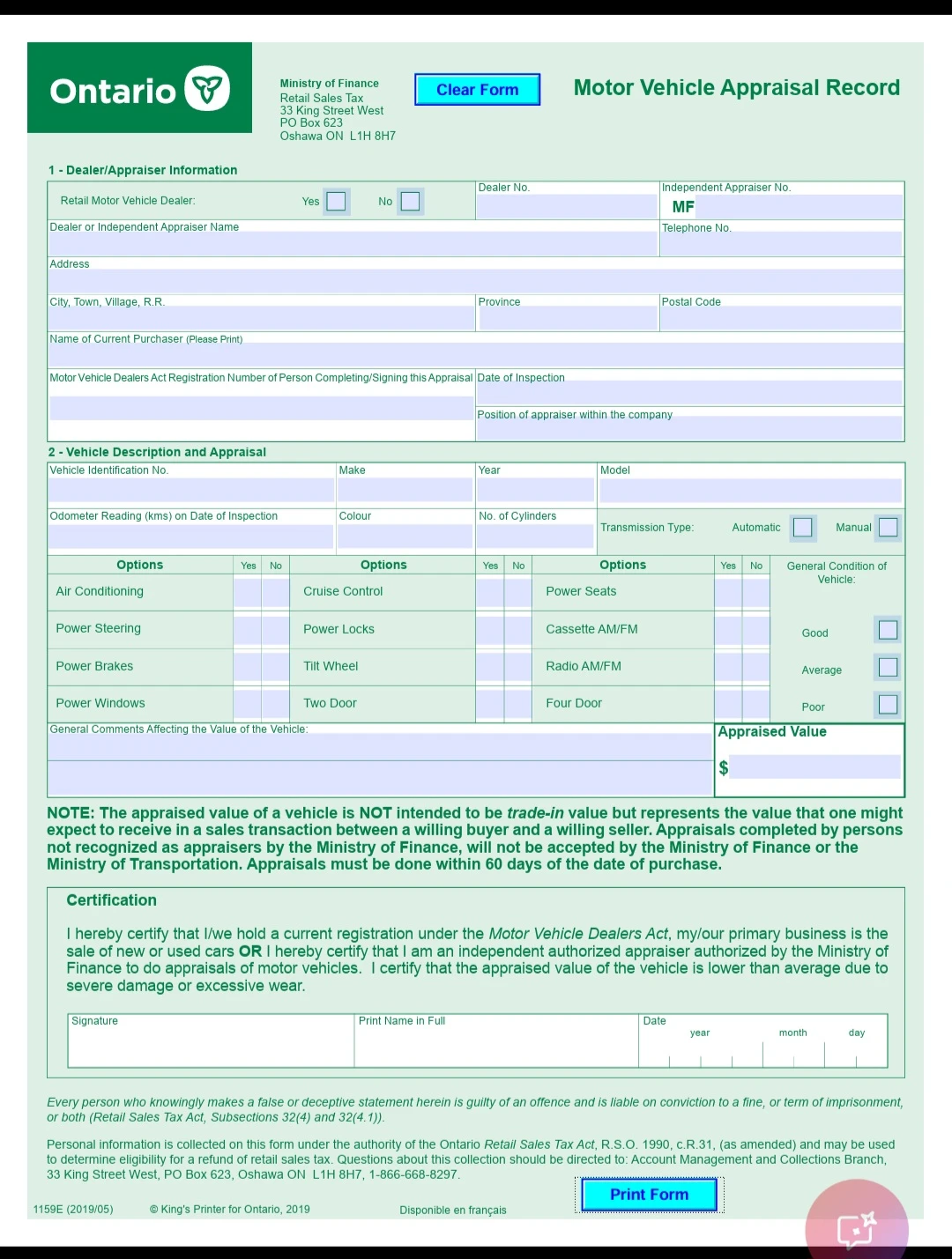 Ontario Motor Vehicle Appraisals $35