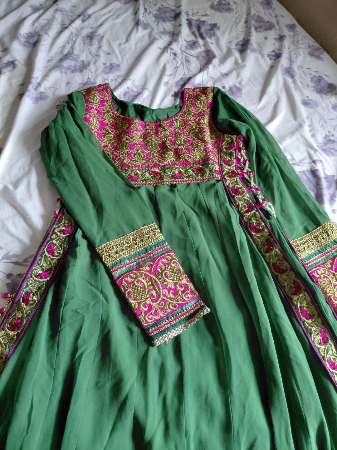 Green and Pink Embroidered Anarkali Dress