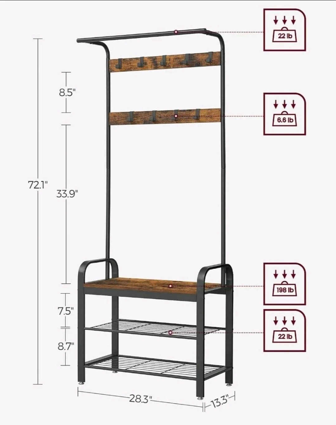 4-in-1 Industrial Entryway Coat Rack and Shoe Bench - photo 2