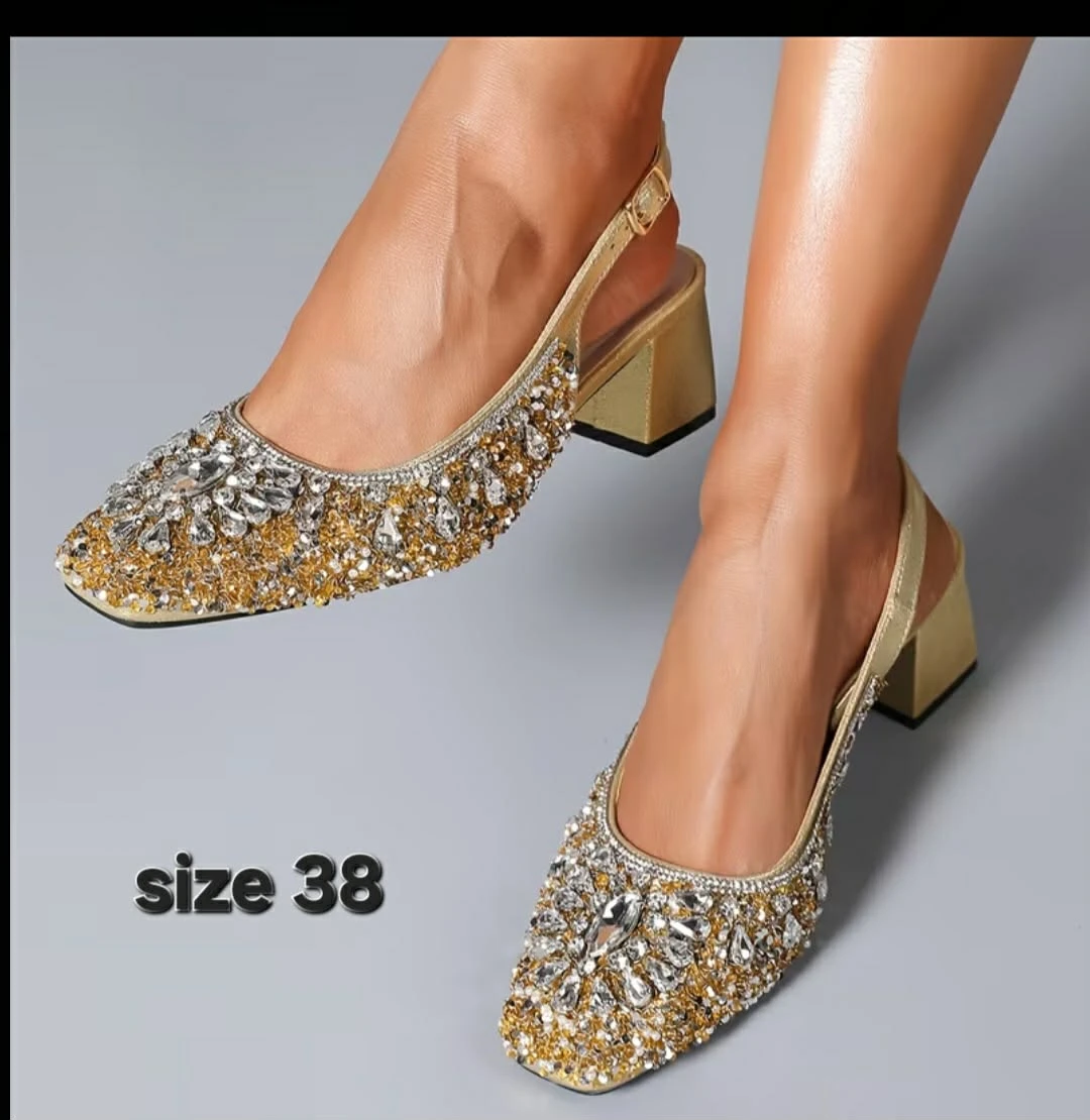 Gold Rhinestone Slingback Block Heels