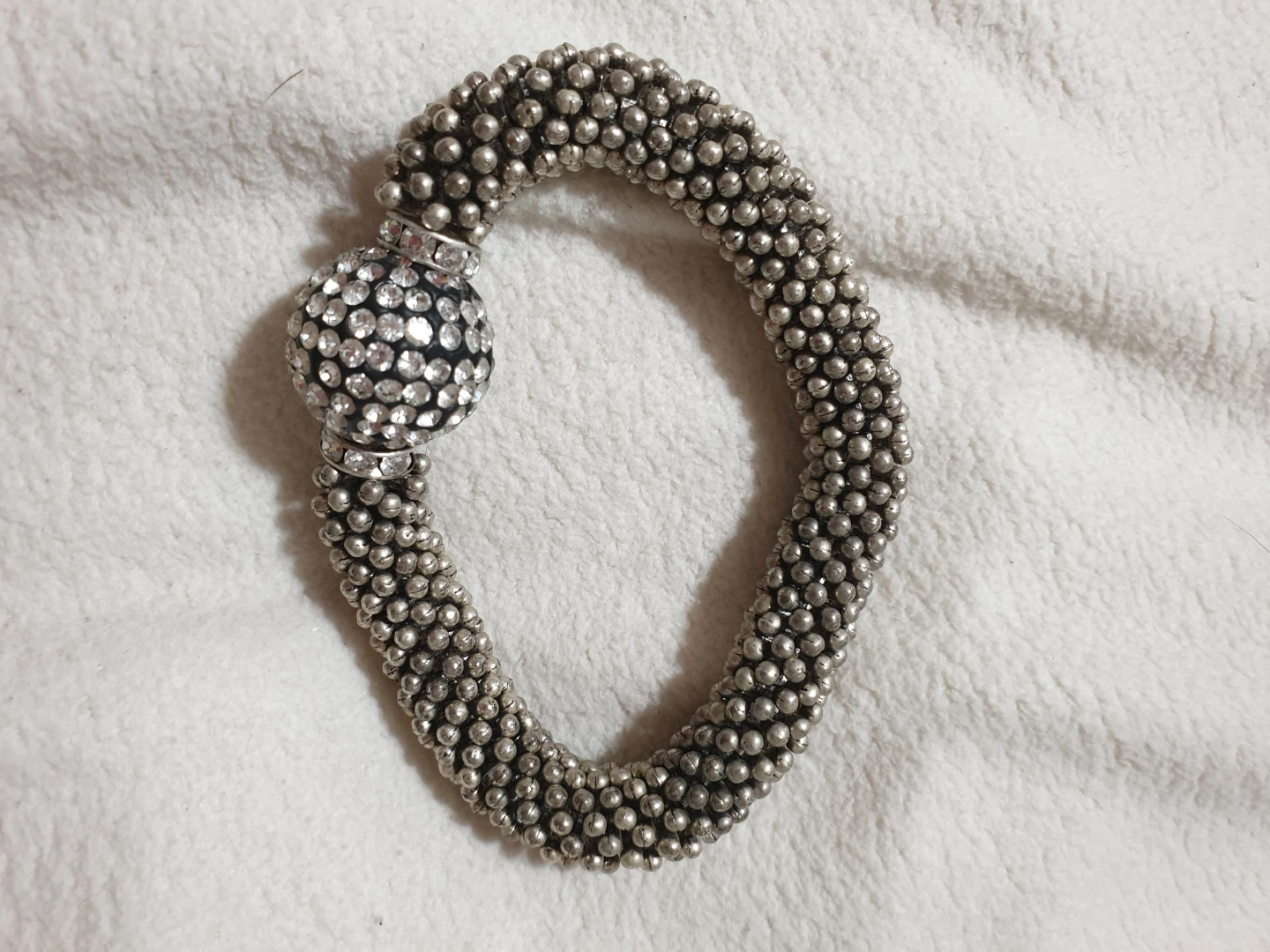 Silver-Tone Beaded Stretch Bracelet with Rhinestone Charm