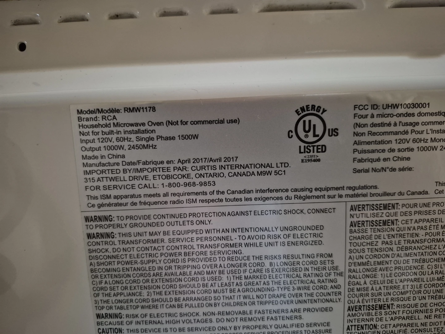RCA microwave model RMW1178 - photo 3
