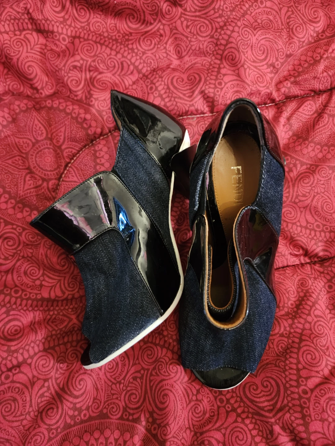 Fendi denim and patent leather peep-toe heels